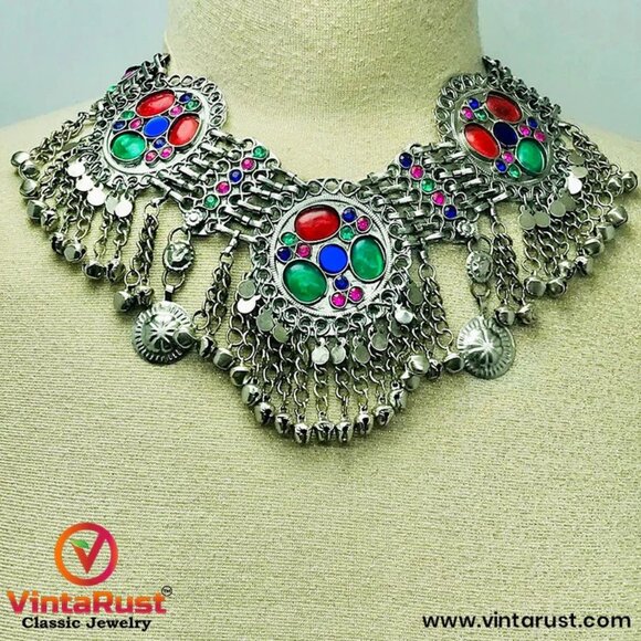 Afghan Three Rings Necklace With Red and Green Glass Stones, Kuchi Tribal Bib - Picture 9 of 9